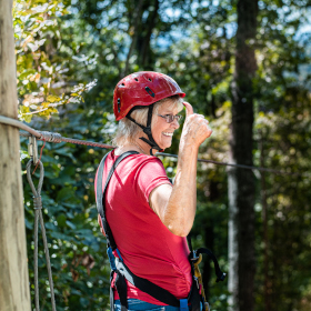 Delores, hip replacement patient on zipline